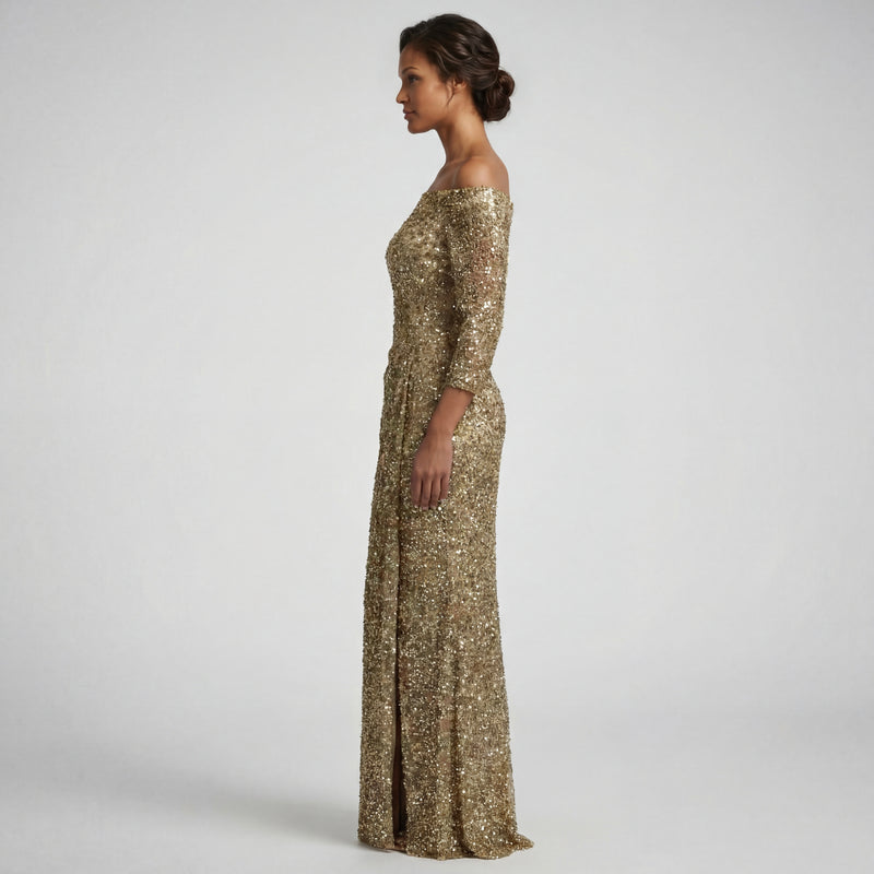 Off The Shoulder Asymmtric Pleats Gown