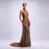 Scalloped Neck Halter Beaded Mesh Evening Gown in Mocha