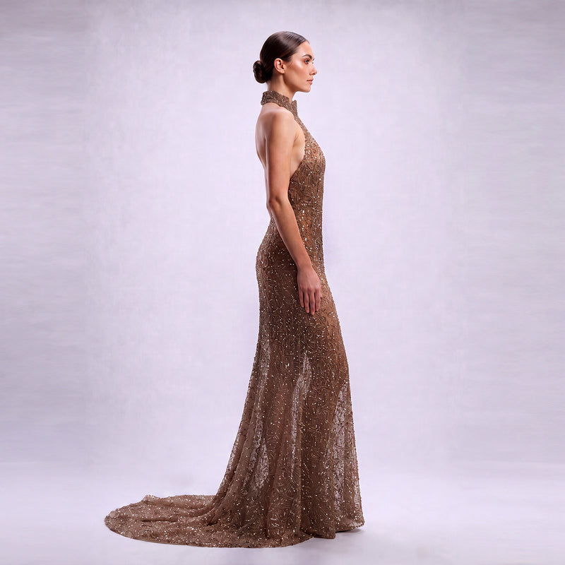 Scalloped Neck Halter Beaded Mesh Evening Gown in Mocha