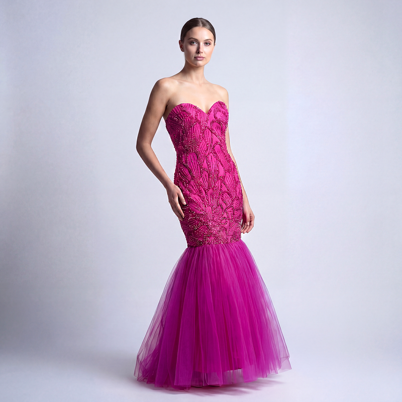 Radiant Fuchsia Beaded Tulle Mermaid Gown