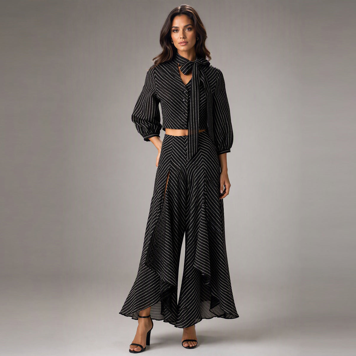 Pinstripe Crop Top & Dramatic Wide-Leg Trouser Set