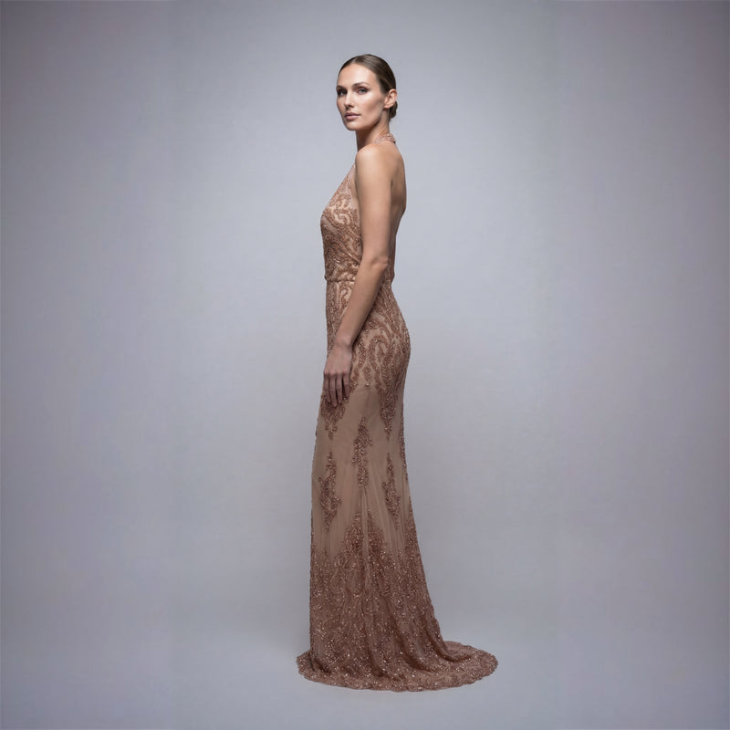 Rose Gold Beaded Mesh Halter Gown with Integrated Bustier | Made in NYC