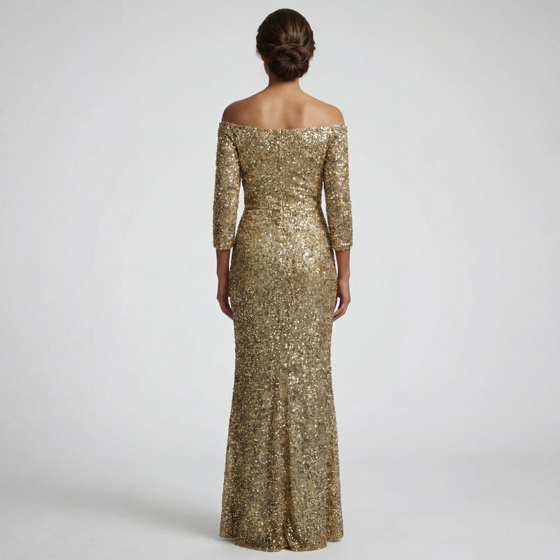 Off The Shoulder Asymmtric Pleats Gown