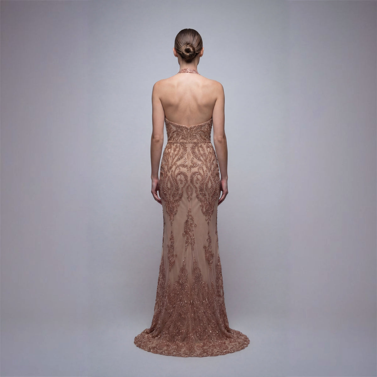 Rose Gold Beaded Mesh Halter Gown with Integrated Bustier | Made in NYC