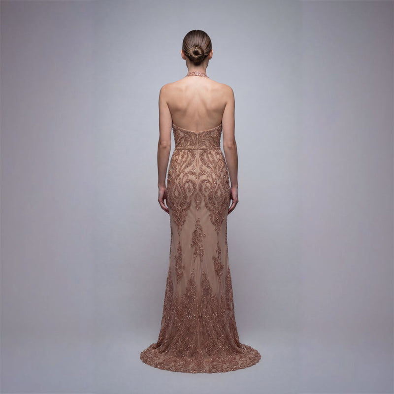 Rose Gold Beaded Mesh Halter Gown with Integrated Bustier | Made in NYC