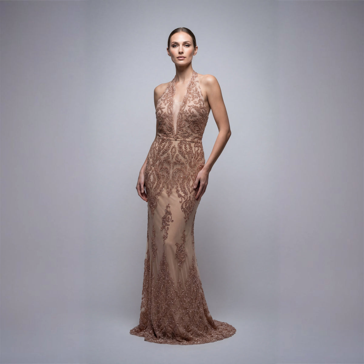Rose Gold Beaded Mesh Halter Gown with Integrated Bustier | Made in NYC