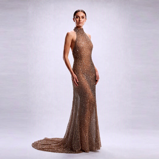 Scalloped Neck Halter Beaded Mesh Evening Gown in Mocha