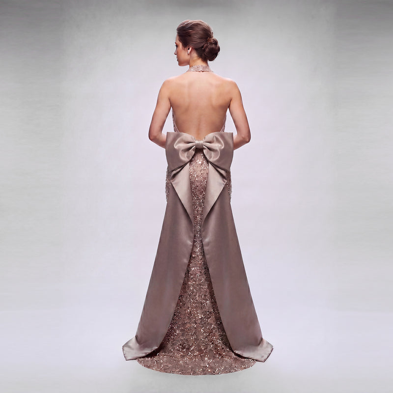 The Valentina Sequined Halter Gown with Oversized Bow | Cenia New York