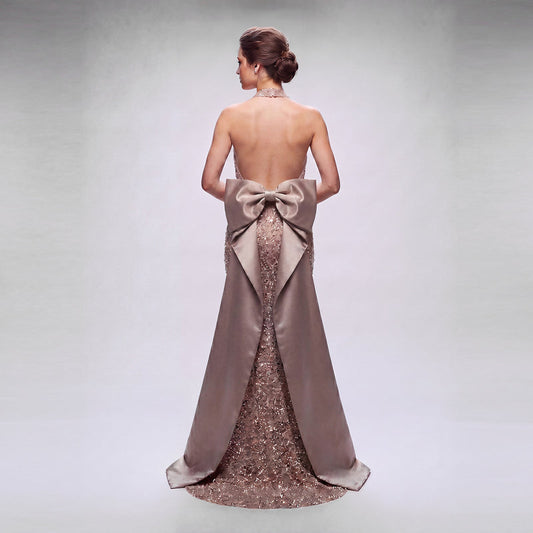 The Valentina Sequined Halter Gown with Oversized Bow | Cenia New York