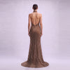 Scalloped Neck Halter Beaded Mesh Evening Gown in Mocha