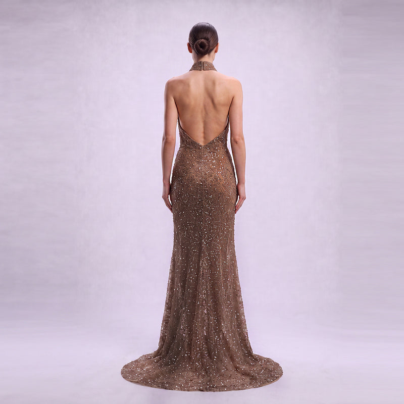 Scalloped Neck Halter Beaded Mesh Evening Gown in Mocha
