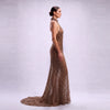 Scalloped Neck Halter Beaded Mesh Evening Gown in Mocha