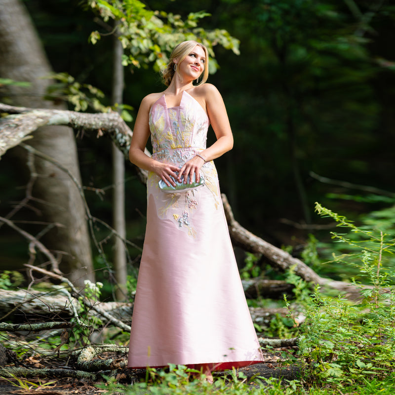 Brocade Aplique Pointed Neckline Strapples Gown