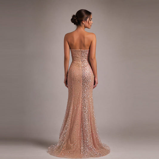 Strapless Beaded Mesh Gown with Built-In Bustier | Cenia New York