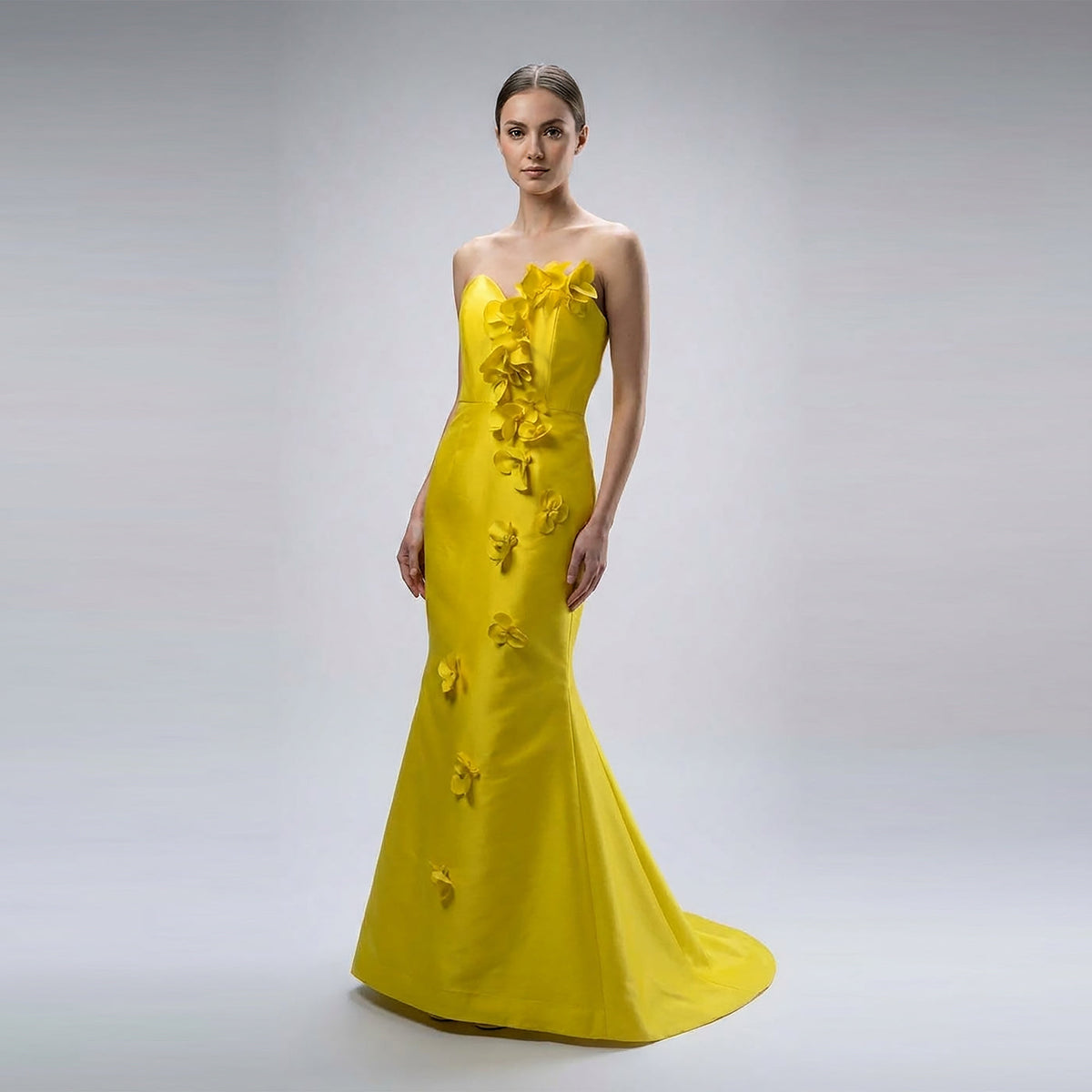 Strapless 3D Cascading Flowers Gown