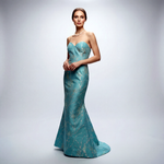 Shop our NYC-made Aqua Blue Brocade Trumpet Gown.