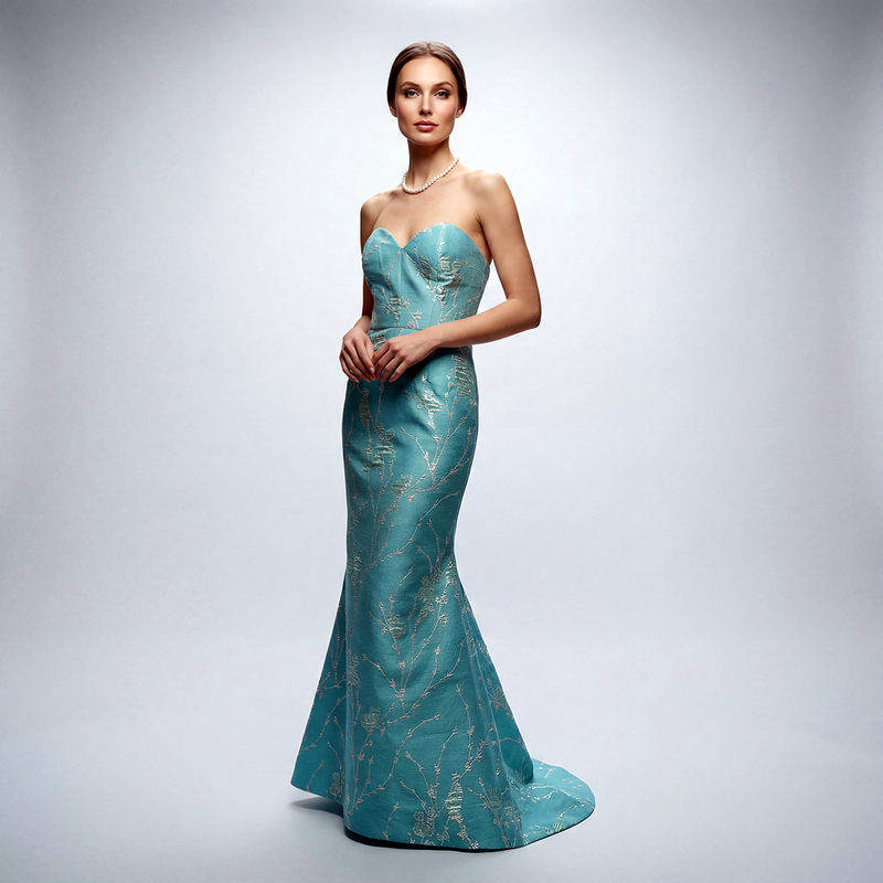 Shop our NYC-made Aqua Blue Brocade Trumpet Gown.