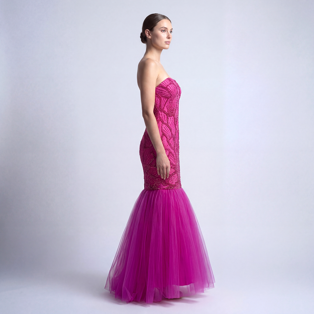 Radiant Fuchsia Beaded Tulle Mermaid Gown