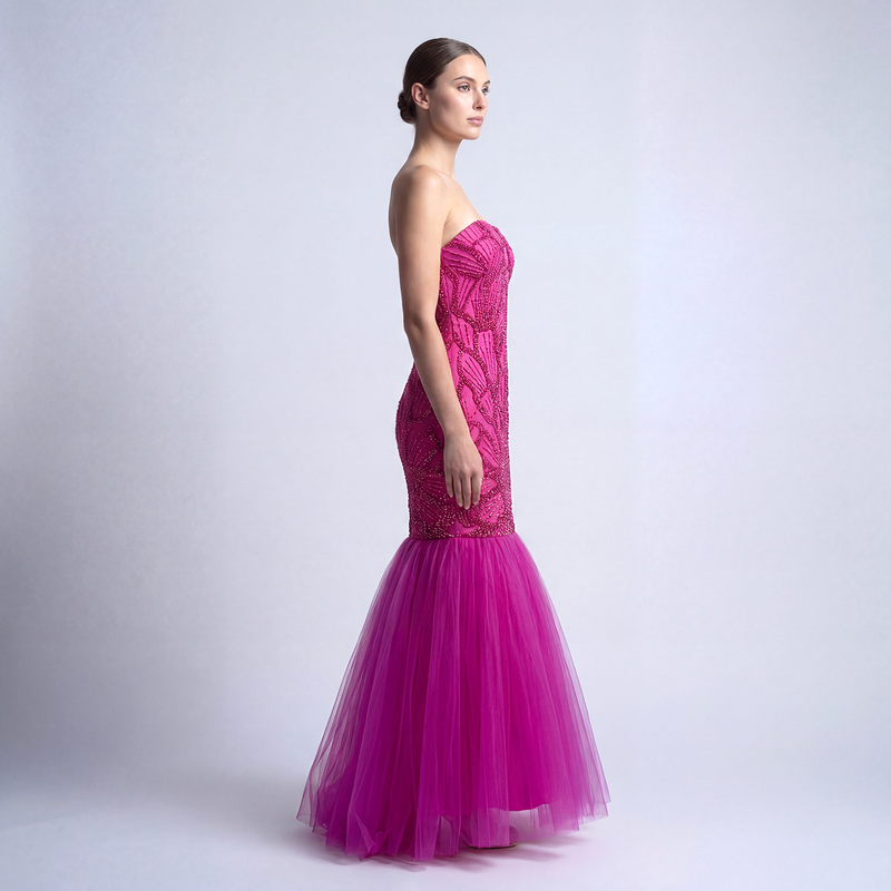 Radiant Fuchsia Beaded Tulle Mermaid Gown