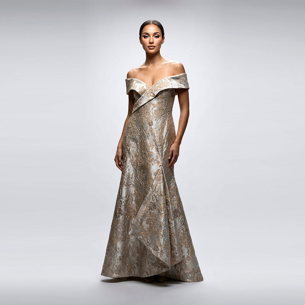 Off The Shoulder Asymmetric Flounce Gown
