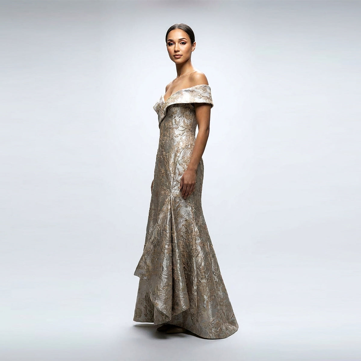 Off The Shoulder Asymmetric Flounce Gown