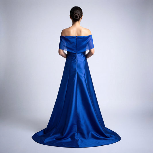 The Vivienne Off-Shoulder Gown with Silk Organza Drape