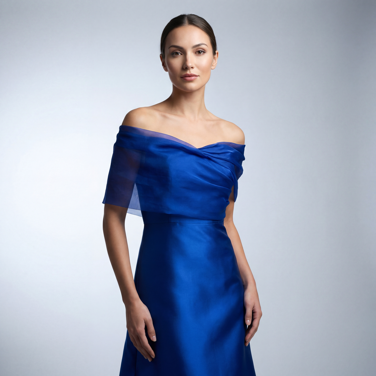 The Vivienne Off-Shoulder Gown with Silk Organza Drape