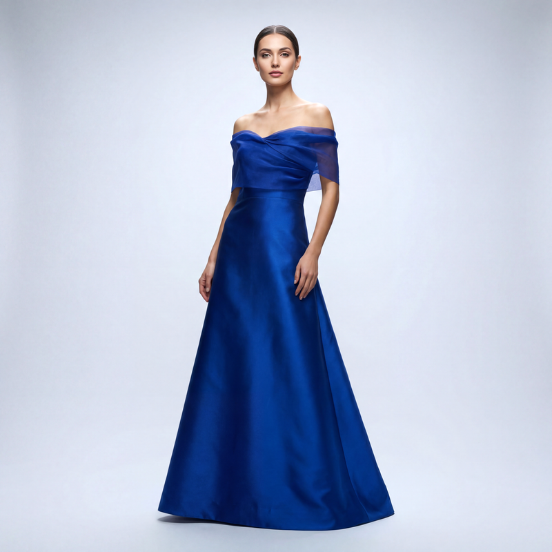 The Vivienne Off-Shoulder Gown with Silk Organza Drape _ Silk/Wool or Silk/Cotton
