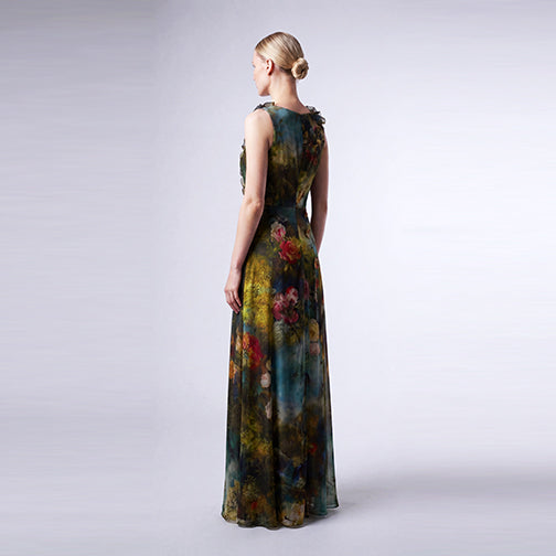 Painterly Italian Cotton Silk Maxi Dress with Handmade Floral Appliqué