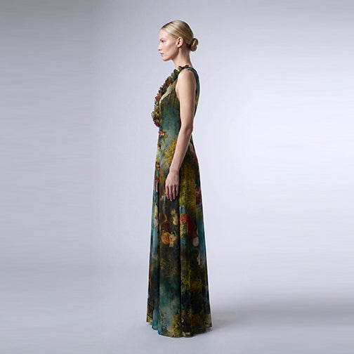 Painterly Italian Cotton Silk Maxi Dress with Handmade Floral Appliqué