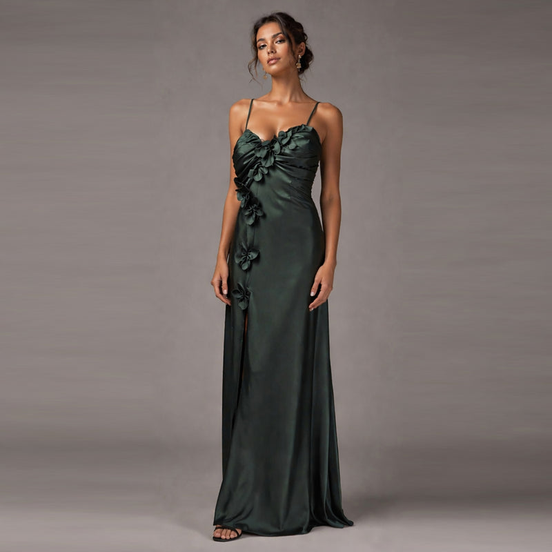 Hunter Green Silk Charmeuse 3D Floral Maxi Dress – Custom Backless Evening Gown