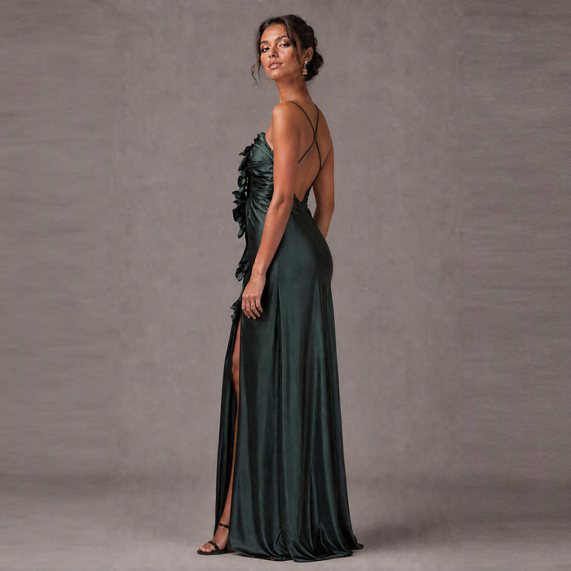 Hunter Green Silk Charmeuse 3D Floral Maxi Dress – Custom Backless Evening Gown