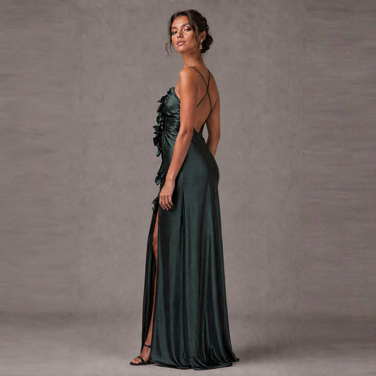 Hunter Green Silk Charmeuse 3D Floral Maxi Dress – Custom Backless Evening Gown