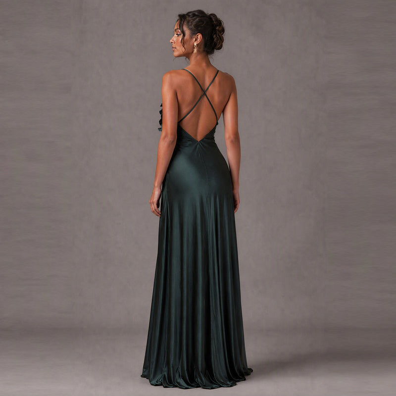 Hunter Green Silk Charmeuse 3D Floral Maxi Dress – Custom Backless Evening Gown