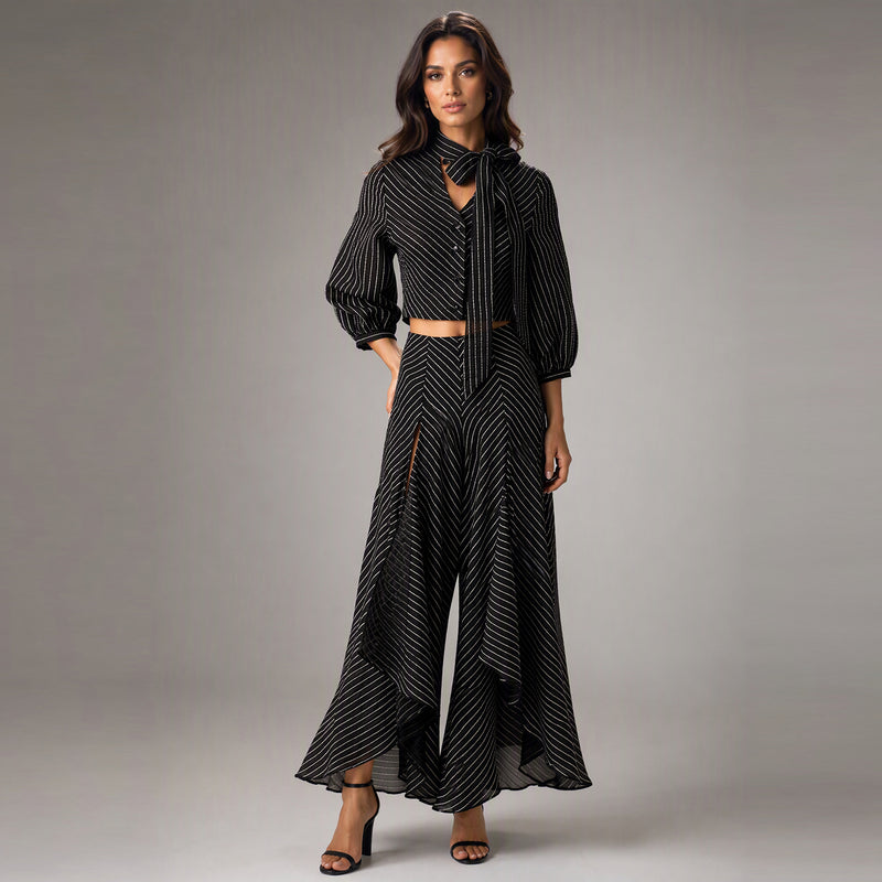 Pinstripe Crop Top & Dramatic Wide-Leg Trouser Set